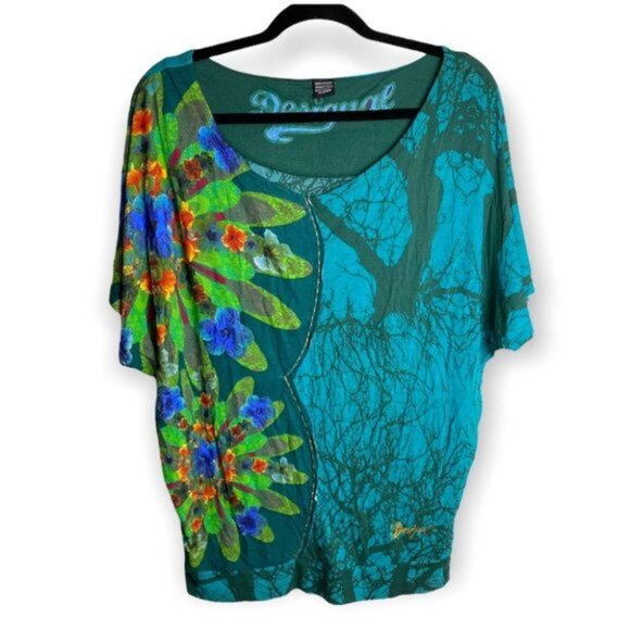 Desigual Teal Short Dolman Sleeve Oversized Top - Picture 3 of 10